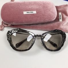 Miu Miu Crystal Encrusted Beautiful Sunglasses Never Used Made In Italy Luxury Black Miu Miu Sunglasses, Luxury Miu Miu Cat Eye Sunglasses, Glitter Cat Eye, Miu Miu Glasses, Miu Miu Accessories, Black Round Sunglasses, Miu Miu Sunglasses, Rhinestone Sunglasses, Cat Sunglasses