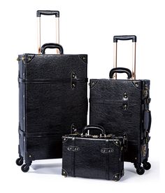 Minimalism 3 Pieces Set - Train Case & Carry On & XL Check In - Gentle Black's Classic Black Cases For Trip, Suitcase For Women, Roaring 1920s, Black Luggage, Leather Suitcase, Vintage Luggage, Carry On Suitcase, Train Case, Hat Box