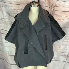 Hooded Poncho Jacket Preowned Unworn Hooded Leather Jacket With Pockets For Work, Urban Gray Hooded Jacket For Fall, Edgy Gray Winter Outerwear, Poncho Jacket, Hooded Poncho, Types Of Jackets, Wool Blend Coat, Kenneth Cole, Black Gray