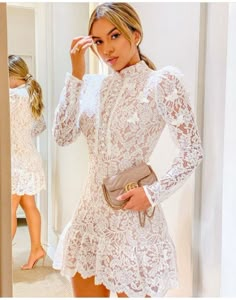 Lace White Dress Short Classy, Macloth Dress, Prom Queen Dress, Long Lace Dresses, Lace Dresses For Women, White Lace Dresses, Beautiful Lace Dress, Dresses For Homecoming, Top Neckline