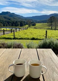 two cups of coffee sitting on top of a wooden table next to a green field