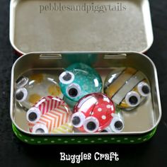 several pictures of different items in a tin with googly eyes on them and the words how to make buggles