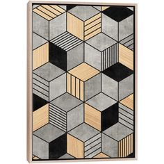 an abstract painting with wooden panels and black, grey, and white squares on it