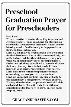 an advertisement with the words, preschool graduation prayer for prescholers on it