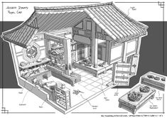 a drawing of a small house with lots of details on the walls and flooring