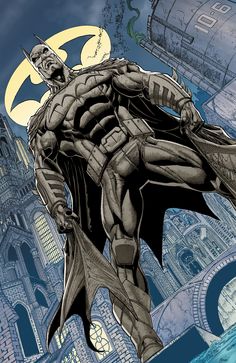 an image of a batman standing in front of a clock tower with the moon behind him