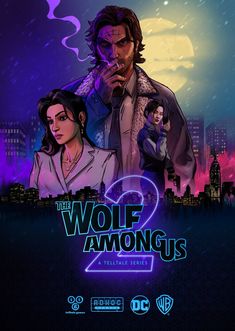 the wolf among us movie poster with two people in front of cityscape at night