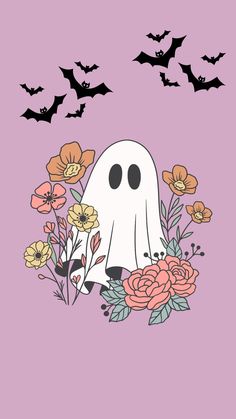 a ghost surrounded by flowers and bats