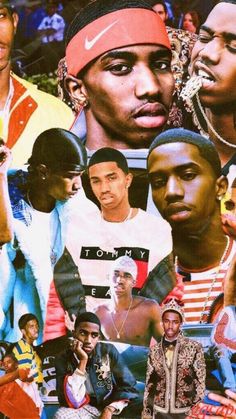 a collage of young black men and women in different outfits, including one with a red bandana