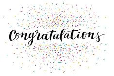 congratulations card with confetti and the word congratulations written in black ink on a white background