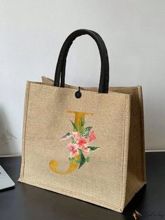 Bird in Bag - Stylish Linen Shopping Bag with Floral Letter Print - Perfect Tote Bag for Fashionable Individuals - Ideal Jute Burlap Gift Bag for Birthday Celebrations Burlap Gift Bags, Presents For Women, Customizable Gifts, Stylish Shoulder Bag, Floral Letters, Perfect Tote Bag, Linen Bag, Birthday Celebrations, Style Minimalist