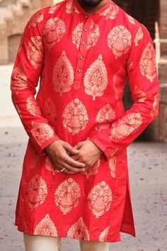 Shop for Nitesh Singh Chauhan Red Silk Brocade Kurta And Pant Set for Men Online at Aza Fashions Red Sherwani With Traditional Patterns For Eid, Red Sherwani With Traditional Patterns For Festivals, Red Sherwani With Traditional Patterns For Festive Occasions, Red Brocade Kurta With Traditional Drape, Red Sherwani With Zari Work For Puja, Red Sherwani With Cutdana For Puja, Red Silk Kurta For Puja, Red Raw Silk Kurta For Traditional Ceremonies, Festive Ceremonial Kurta With Woven Motifs