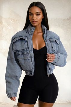 Puffer Cropped Denim Jacket | Mabel Love Co Chic Denim Vest With Pockets, Fitted Denim Blue Cropped Jacket With Pockets, Fall Medium Wash Utility Jacket, Spring Denim Utility Outerwear, Cropped Light Wash Denim Top For Fall, Fitted Utility Denim Jacket With Pockets, Light Wash Cropped Denim Top For Fall, Spring Dark Wash Utility Jacket For Streetwear, Fitted Medium Wash Cropped Jacket With Pockets