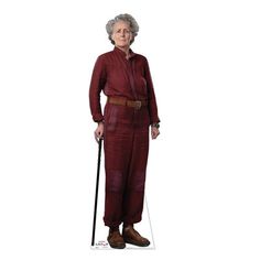 an old woman wearing a red jumpsuit and holding a cane in one hand while standing on a white background