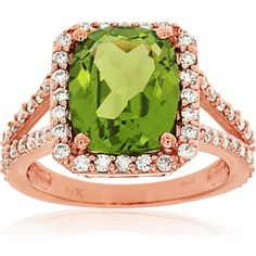 Royal 14K Rose Gold Peridot & Diamond Ring with Exquisite Cushion Cut Stone - 5.25 Carat Total Gem Weight Luxury Green Birthstone Ring With Halo Setting, Luxury Elegant Peridot Jewelry, Octagon Design, 3d Square, Royal Rings, Round Halo Engagement Rings, Engagement Ring Prices, Rose Gold Band, Rose Gold Engagement