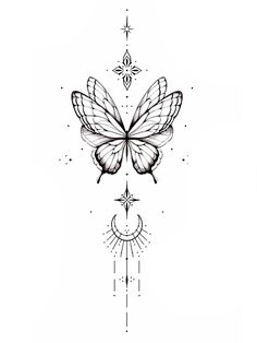 a black and white drawing of a butterfly with the moon in it's wings