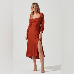 Never Worn, New With Tags! Bought It For A Wedding And Ended Up Finding Something Else. Beautiful Dress! Long Sleeve Wedding Guest Dresses, Copper Dress, Cocktail Dresses With Sleeves, Stretch Satin Dress, Fall Bridesmaid Dresses, Fall Wedding Guest Dress, Cocktail Dress Wedding, Guest Attire, Wedding Attire Guest