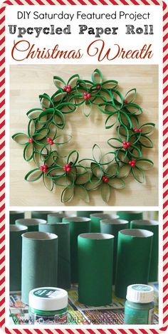 a christmas wreath made out of paper rolls and rolled up with ribbon on the side