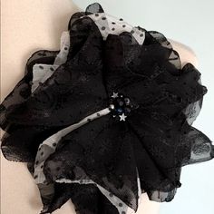 Handmade Layered Soft Textured Black And White With Black Polka Dots. Varied Colors Of Glass Beads, Rhinestones, & Pearls In The Center Of Flower. Flower Magnetic Pin, Bohemian, Shabby Chic. Bridal Or Everyday Wear. Attaches To Garment With An Embedded Magnet (So No Holes!) In Back Of Pin. Slide “Seen” Magnet Off Of Back Of Flower And Attach & Wear. Strong Magnets. From A Sfpf Home. Warning Bc Magnets- Do Not Wear If Pregnant Or Pace Maker- Consult Physician. Chic Black Brooches For Parties, Chic Black Party Brooches, Black Flower Brooch For Party, Satin Ribbon Flowers, Strong Magnets, Ribbon Flowers, Black Polka Dot, Pin Brooch, Soft Textures