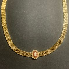 1960-70’s Park Lane Brand Gold Mesh Cameo Choker Beautiful Necklace And In Excellent Condition Just Like Brand New Very Very Classy!! Luxury Vintage Link Chain Necklace, Retro Gold Choker Necklace, Luxury Yellow Gold Cameo Necklace, Luxury Vintage Gold Choker, Vintage Gold Rhinestone Necklace, Cameo Choker Necklace, Park Lane Jewelry, Park Lane, Necklace Brands