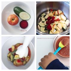 four pictures showing different types of food in bowls and spoons, including apples, cucumbers, beets