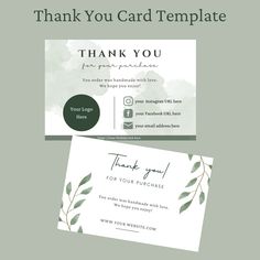 two thank cards with the words thank you and an image of green leaves on them