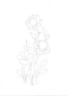 a drawing of three flowers on a white background with one flower in the foreground