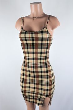 Size: L, Color: Tan Plaid Mini Dress, Outfit Styling, Cute Instagram, Spaghetti Strap Dress, Short Mini Dress, Plaid Dress, Trending Dresses, Strap Dress, Spaghetti Strap Dresses