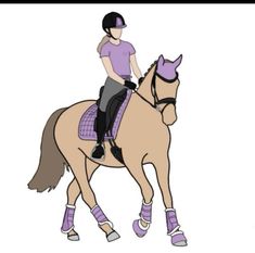 a woman riding on the back of a brown and white horse with purple socks around her ankles