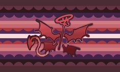 an image of a red dragon on a purple and pink striped background with the word evil written below it