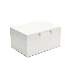 a white box with a wooden handle on the top and bottom, sitting against a white background