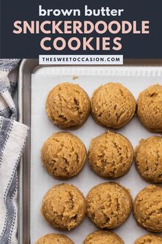 brown butter snickkerdoodle cookies on a baking sheet with text overlay