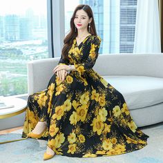 Color: Black Yellow, size: 4XL Long Sleeve Chiffon Maxi Dress, Style Long Skirt, Elegant Bodycon Dress, Spring Maxi Dress, Flower Skirt, Chiffon Long Sleeve, Floral Chiffon, Slim Waist