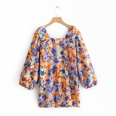 FREE SHIPPING Vintage Floral Print Loose sleeve Dress Elegant Square Collar Mini Dresses JKP2641 Square Neck Dress, Multicolor Dress, Vintage Floral Print, Polyester Dress, Dress Elegant, Mini Dress With Sleeves, Mini Dresses, Chest Pad, Collar Dress