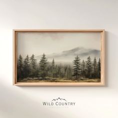 a painting hanging on the wall above a wooden frame that reads wild country with trees in the background