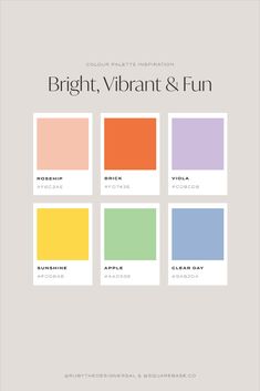 Five Vibrant and Bright Colour Palettes for your Brand or Squarespace Website Kindergarten Color Palette, Bright Vibrant Color Palette, Vibrant Pastel Color Palettes, Vibrant Color Aesthetic, Bright Colours Aesthetic, Vibrant Colors Aesthetic, Funky Color Palette, Muted Rainbow Color Palette, 8 Color Palette