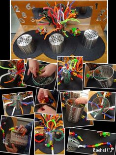 a collage of photos showing different types of beads and sprinkles being used to make bracelets