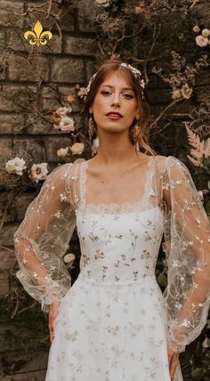 Romantic fairytale A-line wedding dress with delicate lace trim, colored floral appliques, dainty bishop sleeves, tulle skirt and square neckline Floral Wedding Dress, Floral Outfit, Wedding Goals, Pretty Wedding, Versailles