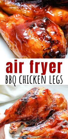 chicken wings with bbq sauce on them and the words air fryer written in red