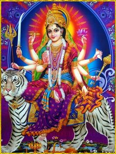 the goddess sitting on top of a tiger in front of a purple and yellow background