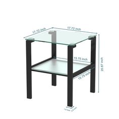 a glass table with measurements for the top and bottom section, including one shelf on each side