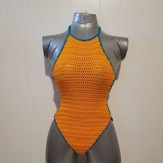 One-Piece Crochet One Piece Bathing Suit, Orange Bodysuit For Beach Season, Orange Beachwear Bodysuit For Beach Season, Orange Sleeveless Bodysuit For The Beach, Sleeveless Orange Bodysuit For Beach, Orange Sleeveless Bodysuit For Beach, Orange Sleeveless Bodysuit For Beach Season, Sleeveless Orange Bodysuit For Vacation, Sleeveless Crochet Swimwear For Beach Party