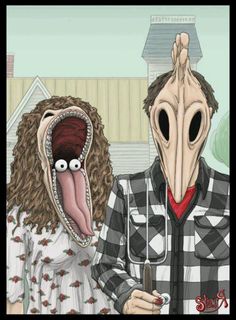 two people wearing masks with their mouths open in front of an alien like creature's head