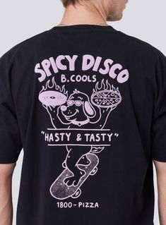 The Spicy Disco Tee in Black is our oversized streetwear essential. Produced on 230g 100% cotton jersey with graphic prints. Relaxed/Oversized Fit Tee Thicker Neckline Heavy weight Fabric Puff Print Chest & Back Logo Clothing Reference, Old School Tattoo Designs, Design Shirts, Streetwear Essentials, Oversized Streetwear, Black Retro, Puff Print, Wardrobe Ideas, Apparel Design