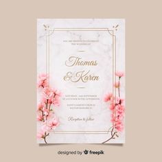 wedding card with pink flowers on marble background