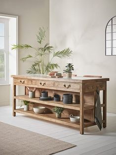 a potted plant sitting on top of a wooden shelf in front of a window