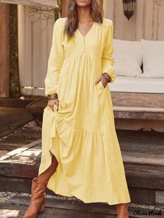 Olivia Mark - Vintage Buttoned Cotton Linen Casual Long Sleeve Maxi Dress with Pleated Hem - Multiple Colors Cotton Boho Dress, Vacation Maxi Dress, Vestidos Retro, Womens Fall Dress, Shift Dresses, Long Sleeve Casual Dress, Langer Rock, Women Maxi, Long Sleeve Maxi