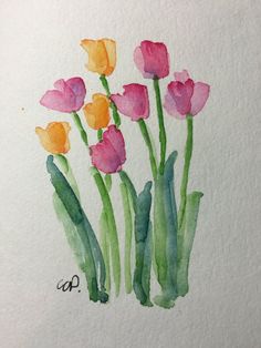 a watercolor painting of pink and yellow tulips with green stems on white paper