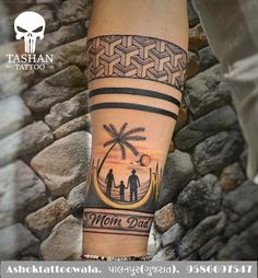 a man with a tattoo on his arm that says mom dad and two children under the palm tree