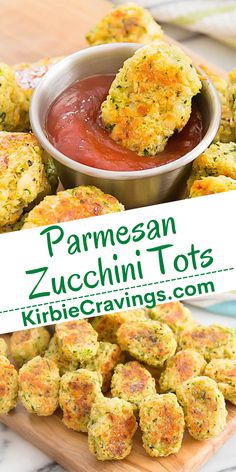 some food is on a cutting board with a sign in front of it that says parmesan zucchini tots